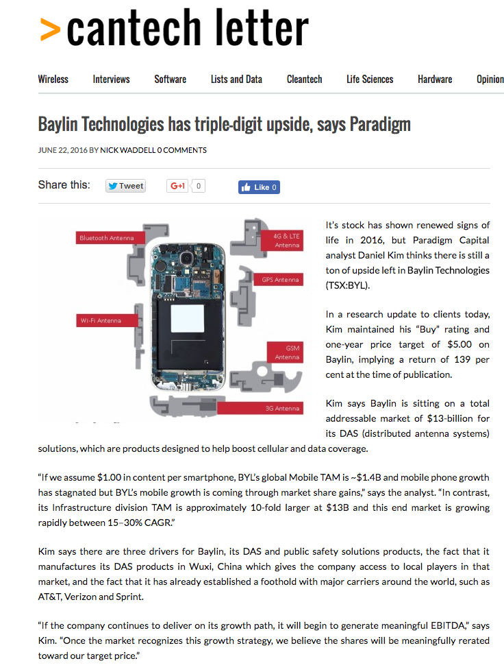 Screengrab of cantech letter covering Baylin Technologies' "triple digit upside".