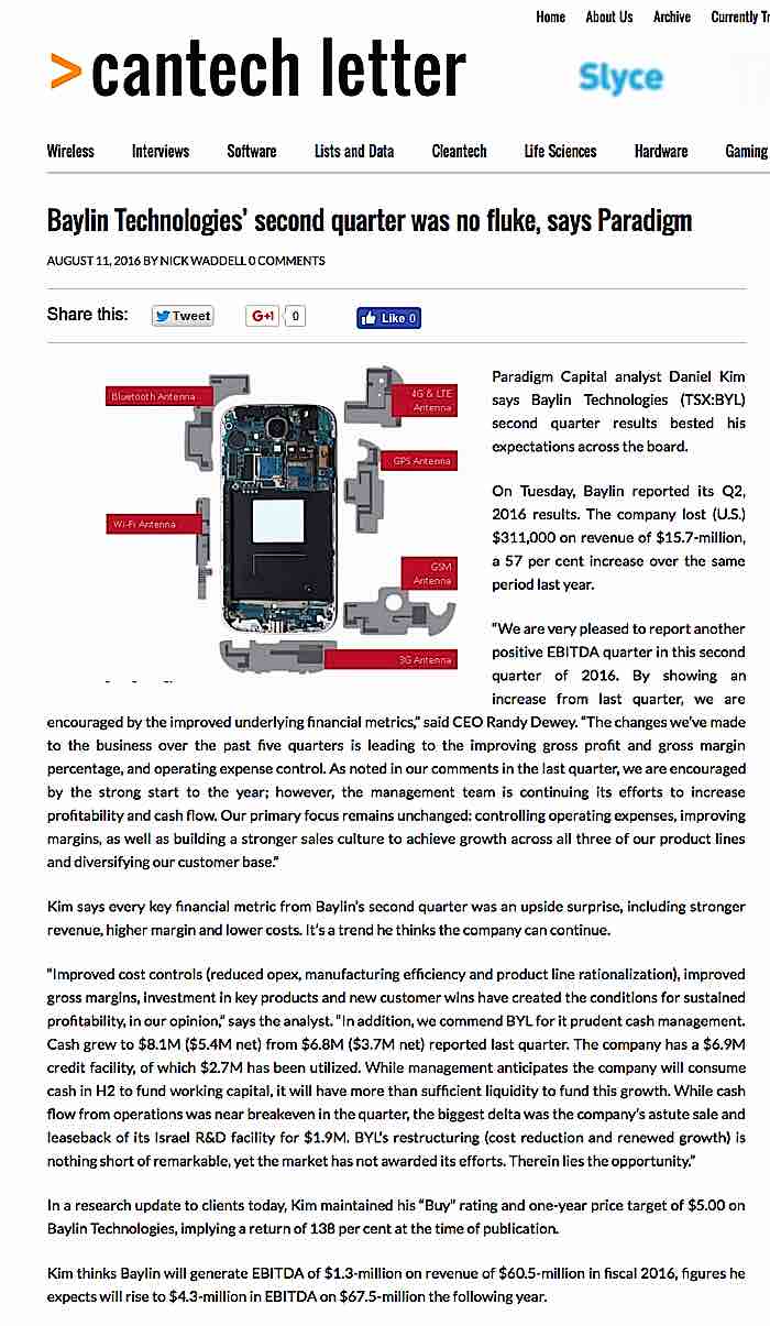 Picture of a new feature in CanTech Letter with Paradigm analyst review of Baylin Technologies results.
