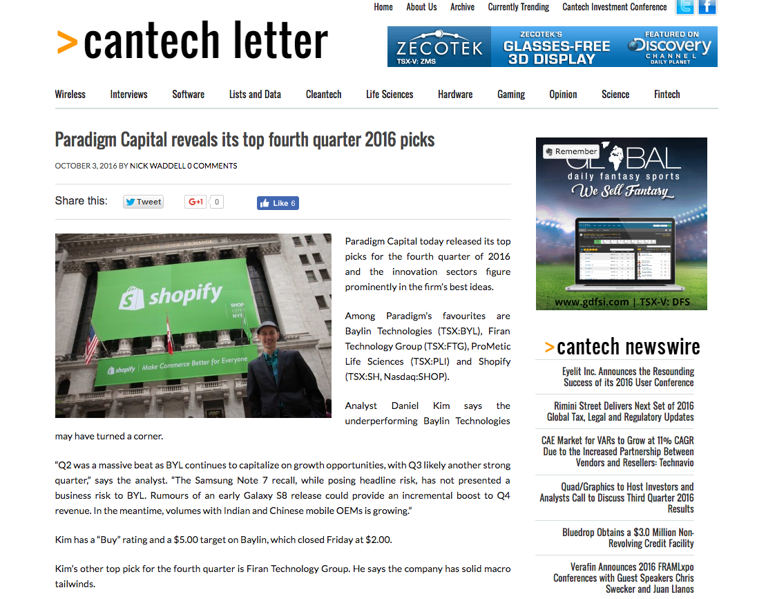 cantech letter feature: Paradigm Capital picks Baylin as a buy top pick fourth quarter 2016.